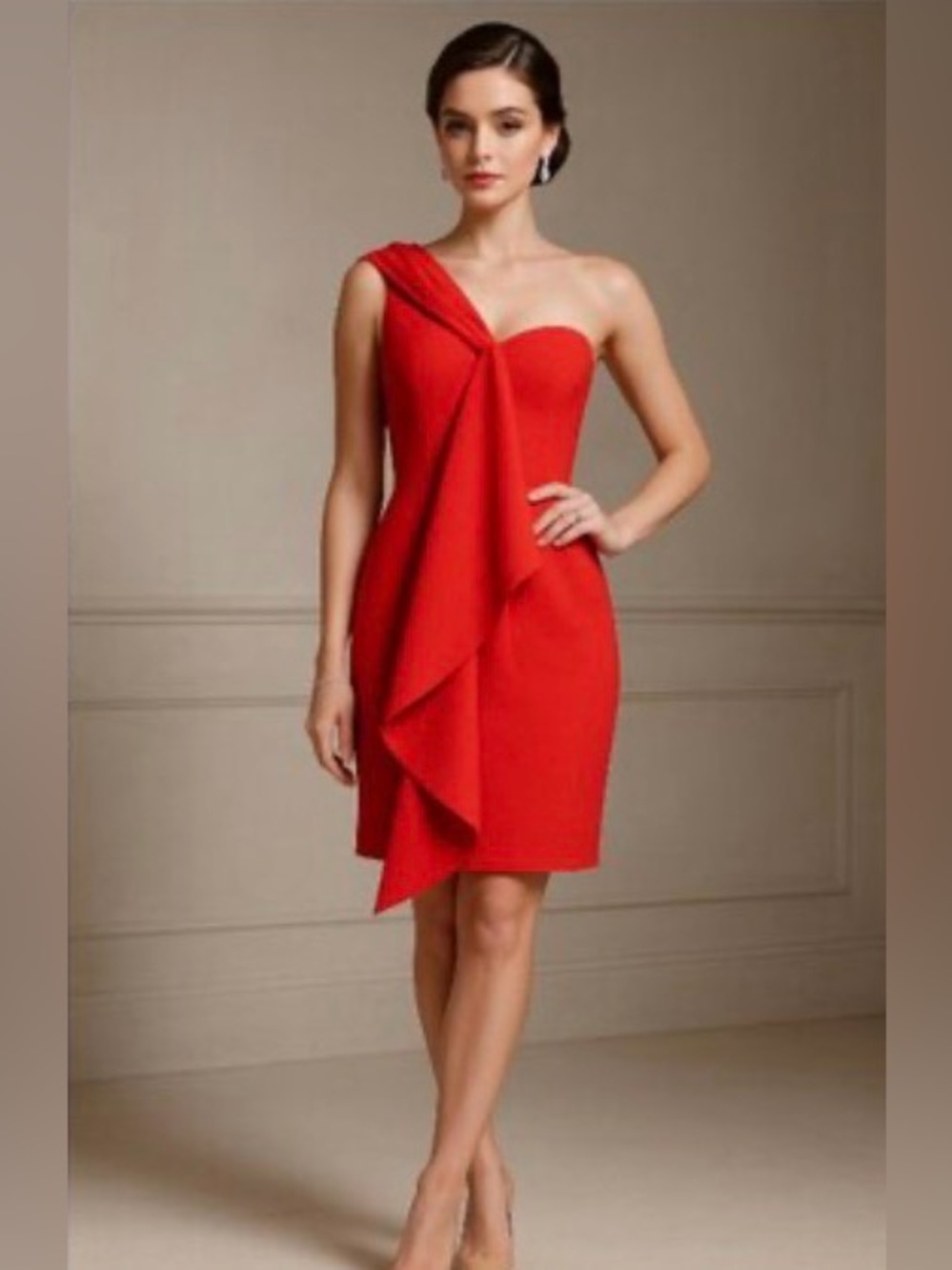 Shoshanna Mackenzie Coral Red One-Shoulder Cascade Cocktail Dress